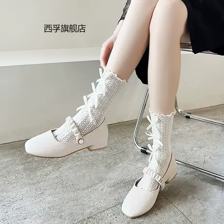 春夏季薄款蝴蝶结袜子女士日系镂空JK洛丽塔lolita木耳花边中筒袜图片