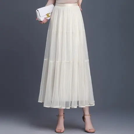 网纱半身裙女夏季薄款松紧腰中长裙2025新款高腰百褶裙显瘦A字裙图片