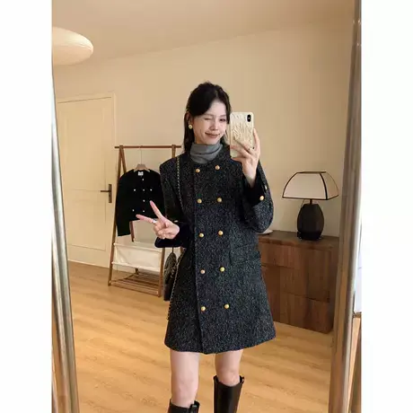 爵莱菲大码法式复古小香风双排扣连衣裙女秋冬高级感气质圆领显瘦图片