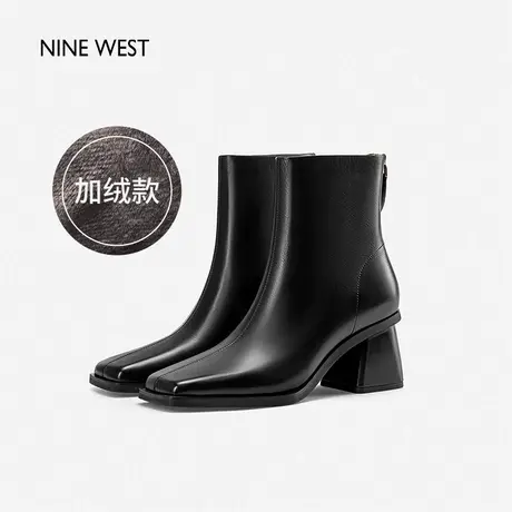Nine West/玖熙粗跟短靴女秋冬加绒胎牛皮方头中跟黑色靴子时装靴图片
