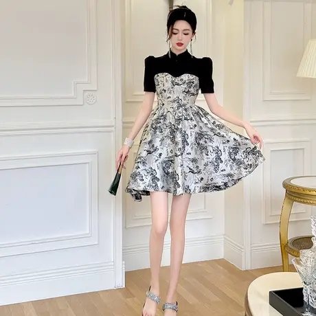 法式立领水墨画印花仙女款连衣裙夏减龄显瘦小个子收腰淑女蓬蓬裙图片