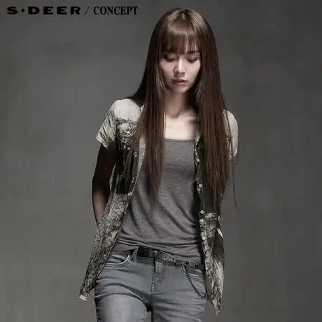 【活动】sdeer圣迪奥女夏枝条剪影印花抓皱衬衫S15280412图片