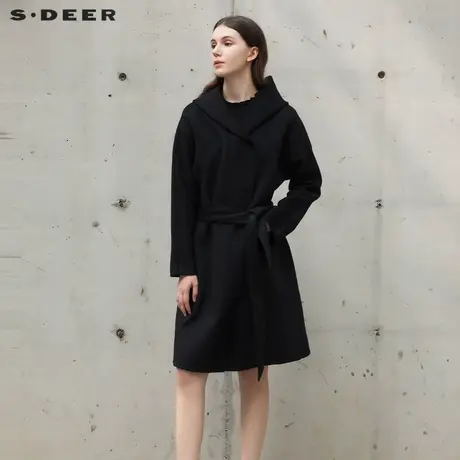 sdeer圣迪奥2021冬季新款连帽收腰黑色通勤双面呢大衣女S21461831图片