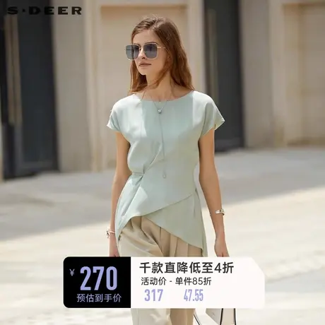sdeer圣迪奥女装圆领系带不规则雪纺短袖衬衫S232Z0440图片