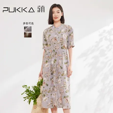 蒲PUKKA 桑蚕丝复古文艺印花连衣裙2025夏新款显瘦气质度假裙图片