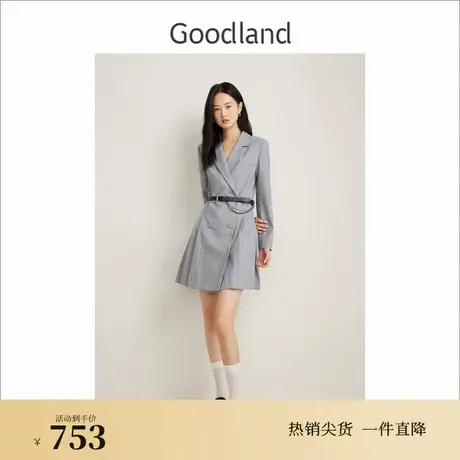 Goodland美地春季法式优雅西装领羊毛百褶A字连衣裙图片
