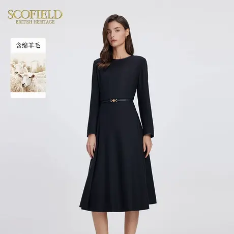 【含羊毛】Scofield女装简约领口拼接A摆收腰连衣裙2025春季新品图片