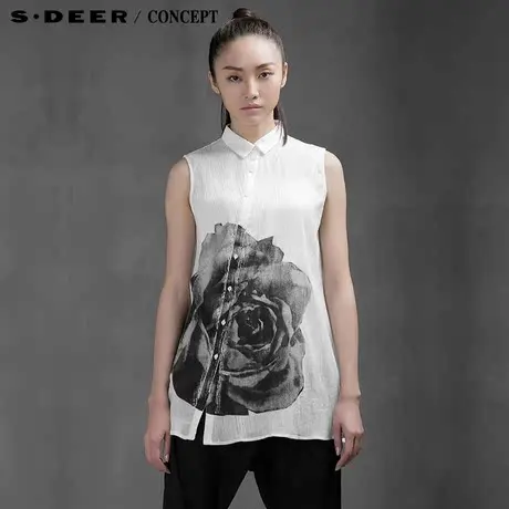 sdeer圣迪奥正品女装夏装写意墨调大朵印花斜襟阔摆衬衣5280630图片