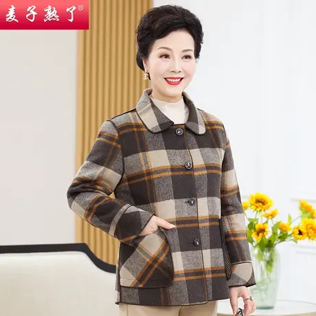2023秋季新款妈妈装薄毛呢开衫格子上衣服中老年人女奶奶装春外套图片