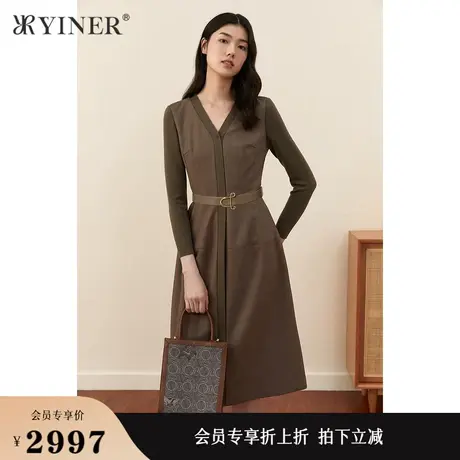YINER音儿女装秋季法式V领系带收腰羊毛混纺针织连衣裙图片