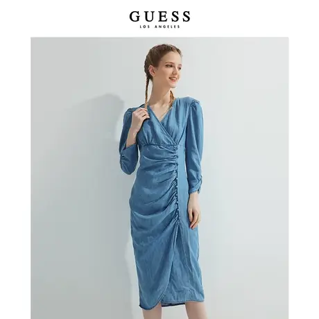 GUESS女士舒适V领褶皱不规则设计牛仔连衣裙-W2GK05D4MQ1图片