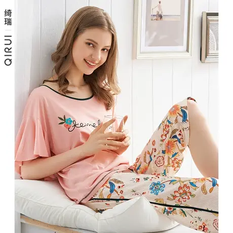 绮瑞睡衣女士夏季莫代尔棉短袖薄款七分裤休闲甜美印花家居服套装图片