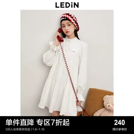 乐町甜美娃娃衬衫裙2023年秋季新款女木耳边抽褶泡泡袖连衣裙图片