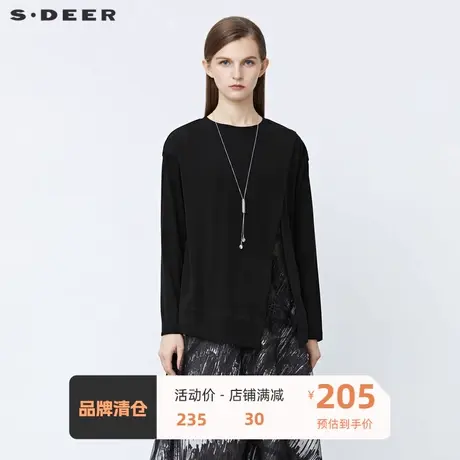 sdeer圣迪奥女装休闲圆领拼接蕾丝开衩不规则长袖T恤S21480217商品大图