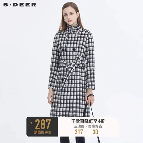 sdeer圣迪奥秋冬复古立领撞色格纹收腰长款毛呢大衣女S20481812图片
