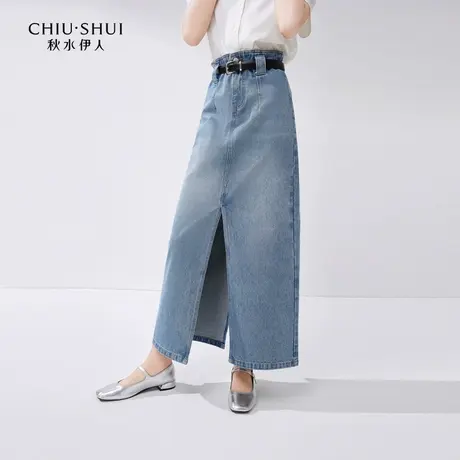 秋水伊人复古纯棉牛仔半身裙2024夏季新款女装高腰直筒开叉长裙图片