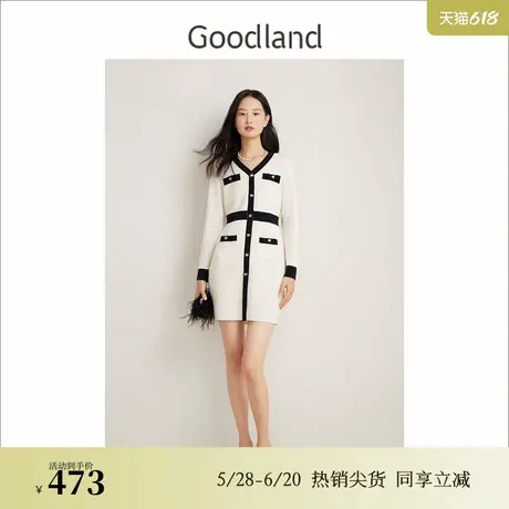 Goodland美地春季法式优雅小香风羊毛针织v领连衣裙图片