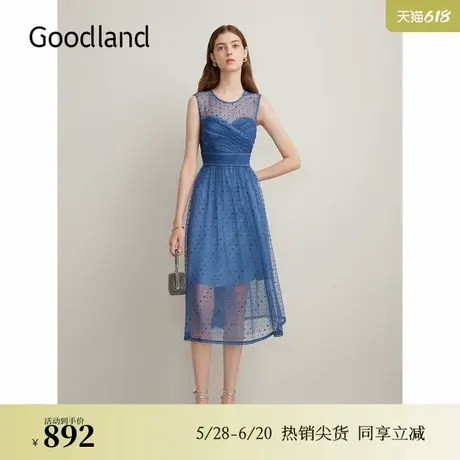 Goodland美地夏季法式优雅波点网纱压褶烫钻气质蓝色连衣裙图片