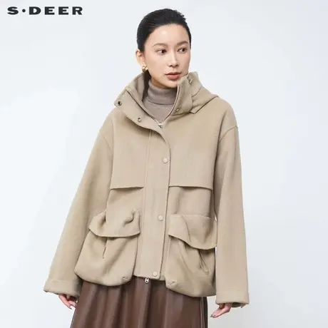 sdeer圣迪奥冬季女装高领连帽抽绳羊毛双面呢夹克S24482611图片