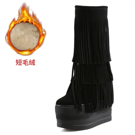 厚底内增高中筒靴15CM拉链不过膝真皮个性三层时尚流苏棉靴子二棉图片