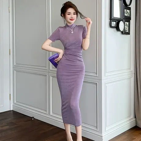 通勤紧身显身材复古半高领连衣裙女款气质显瘦修身包臀针织直筒裙图片