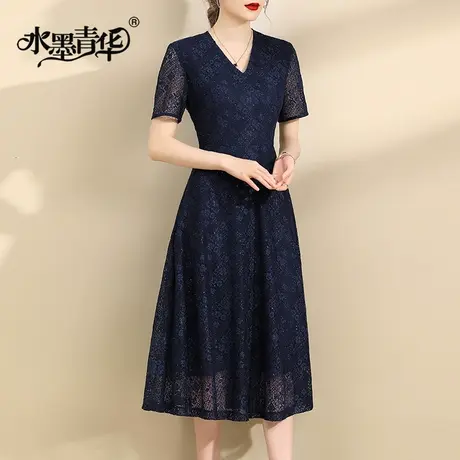 水墨青华2023夏季新品时尚显瘦V领短袖裙百搭收腰蕾丝连衣裙女图片