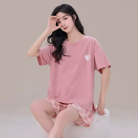 秋鹿【售完不补】睡衣女夏季粉清仓特价家居服可外穿纯棉短袖短裤图片