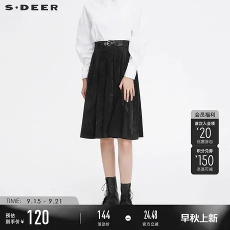 sdeer圣迪奥女装秋装复古皮质腰带黑色绒面百褶长裙S21361105图片