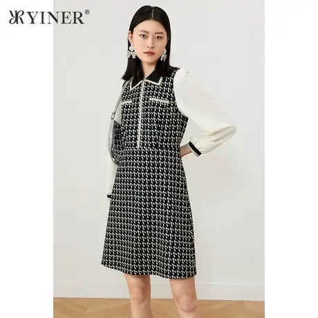 YINER音儿专选女装冬季复古千鸟格翻领连衣裙图片