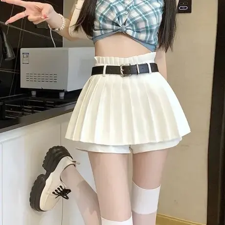 白色高腰百褶裙女jk夏季新款小个子显瘦学院风辣妹a字半身短裙裤图片