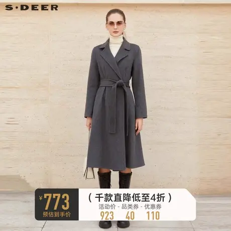 sdeer圣迪奥女装休闲西装领收腰长款冬季外套毛呢大衣S23462502图片
