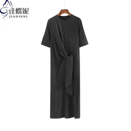 夏季纯白圆领亮片星空韩版打底短袖宽松休闲体恤连衣裙女装T恤图片