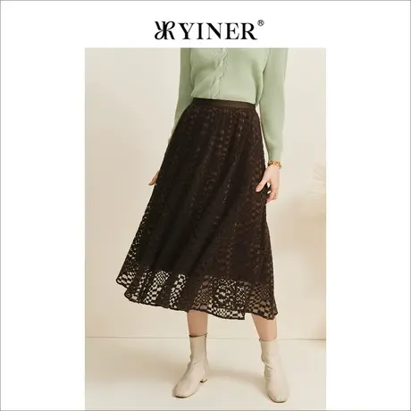 YINER音儿女装冬季碎花镂空显瘦中长裙高腰A字半身裙图片