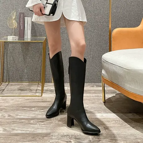 不过膝长筒瘦瘦靴女2024冬季新款软皮粗跟高筒靴时尚百搭加绒长靴商品大图
