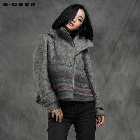 sdeer圣迪奥 女装 条纹撞色印花毛呢短外套S14482249图片