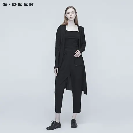 sdeer圣迪奥秋冬女装黑色连帽肌理褶皱开襟中长款外套S20381825图片