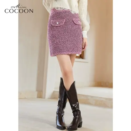 miss COCOON小香风半身裙女2023新款春秋高腰粗花呢羊毛a字短裙子图片