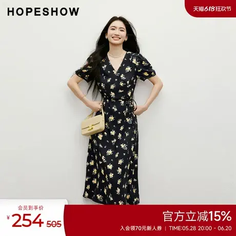 红袖outlets2025夏季新款女装【邂逅】泡泡袖收腰V领套头茶歇裙图片