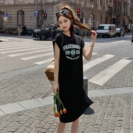 唐狮圆领短袖连衣裙新款女春秋前胸图案中长裙百搭显瘦裙子r2图片