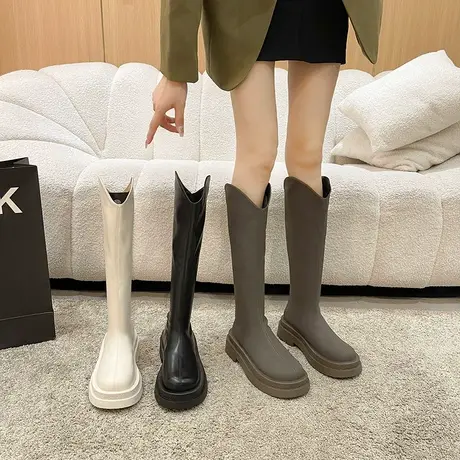 永希白色V口不过膝高筒骑士靴女春秋新款网红ins厚底粗跟长筒靴女商品大图