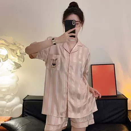冰丝情侣睡衣女夏季薄款短袖可外穿夏天季小兔家居服套装图片