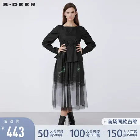 sdeer圣迪奥女装方领收腰网纱印花两件套连衣裙S213Z1228图片