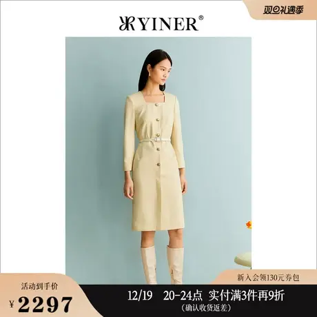 YINER音儿女装秋季法式复古方领质感肌理羊毛连衣裙图片