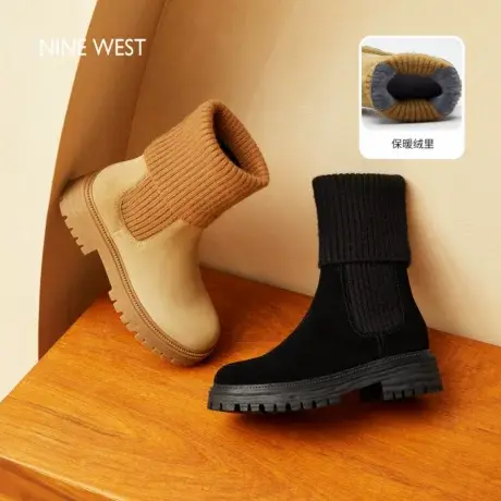 Nine West/玖熙弹力靴女2025秋冬加绒厚底休闲鞋百搭大黄靴短靴图片