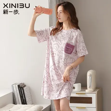 新一步睡裙女夏季薄2024年新款中长款睡衣裙短袖纯棉绸家居服大码图片