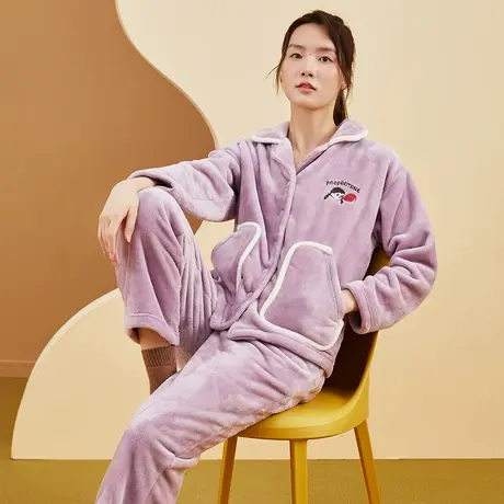 顶瓜瓜女士法兰绒睡衣开襟加绒厚款家居服DJJWD-ANW27078图片