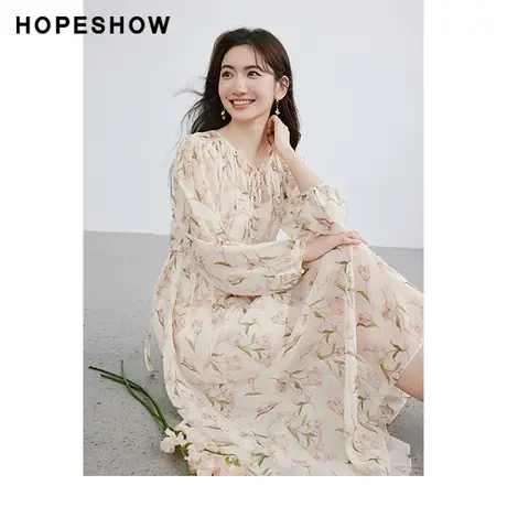 红袖假日风印花泡泡袖套头连衣裙hopeshow2024夏季新款淑女茶歇裙图片