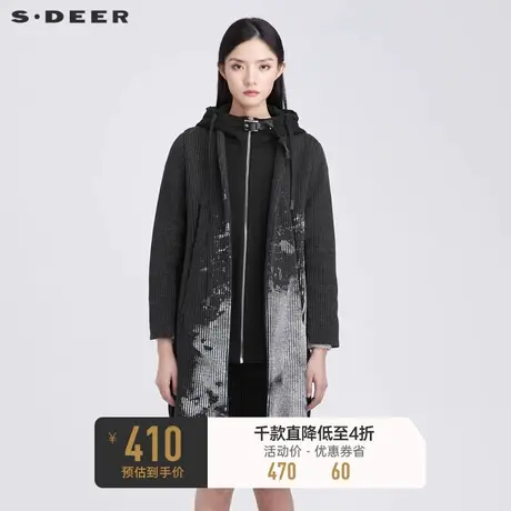 sdeer圣迪奥女装高领连帽拼接水墨晕染毛呢大衣S21481705图片