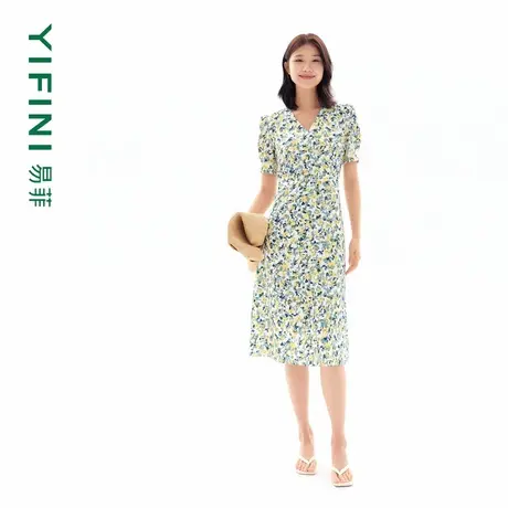 Yifini/易菲碎花泡泡袖V领气质收腰优雅法式连衣裙女夏装新款图片