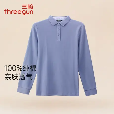 三枪polo衫女士秋季新款100%纯棉翻领长袖商务T恤休闲衫打底上衣图片